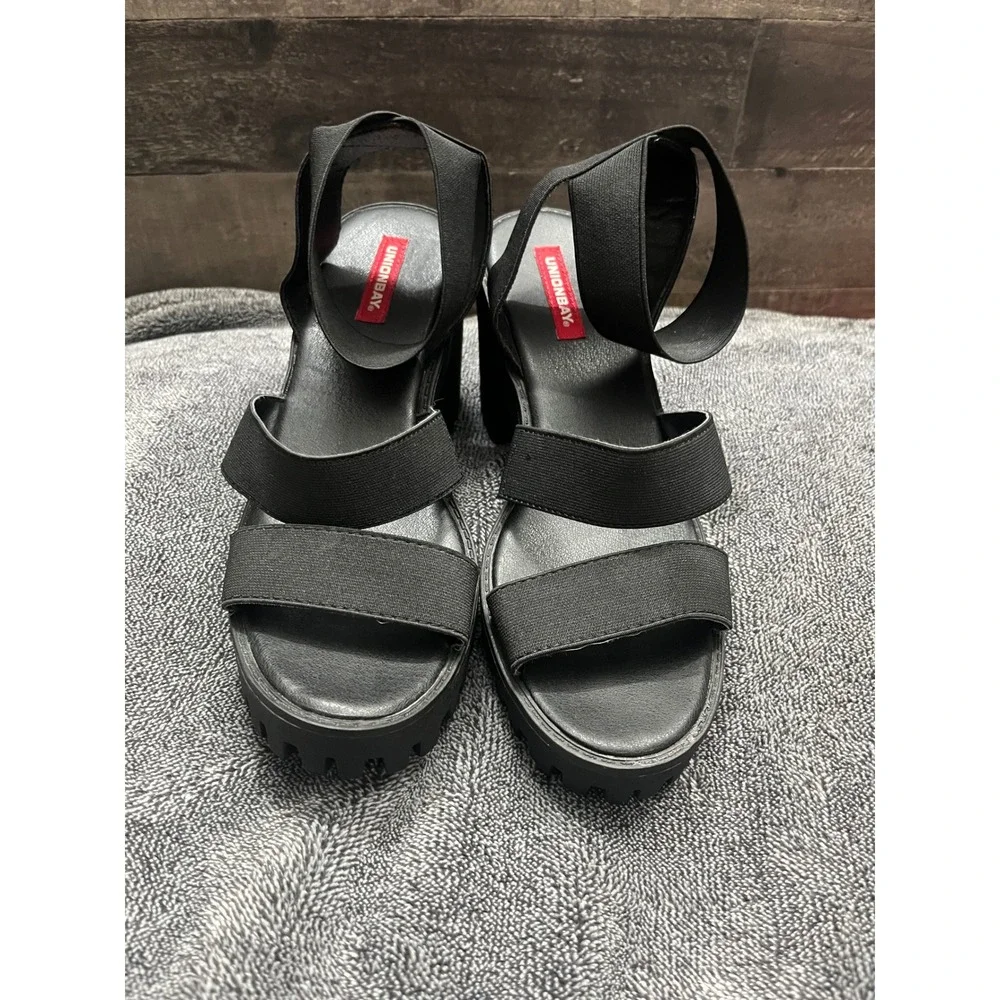 Y2K 90's Unionbay Black Platform Sandals Chunky Block‎ Heel Lug Sole 8M Grunge